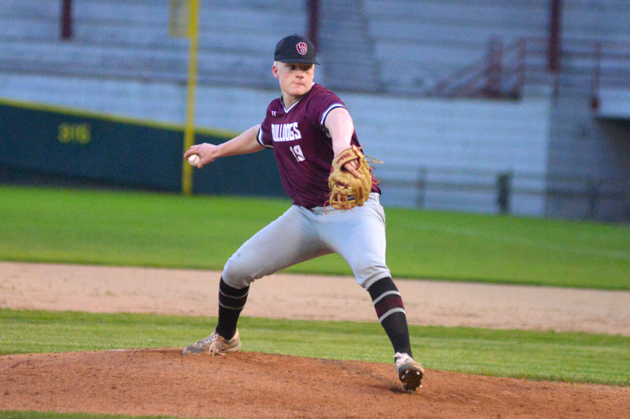 RYAN SPARKS / THE DAILY WORLD 
Montesano starting pitcher Cam Taylor tossed a complete game in the Bulldogs’ 4-2 victory over Elma in a 1A District 4 semifinal game on Tuesday at Olympic Stadium.