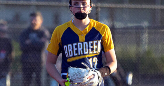 Aberdeen pitcher Lilly Camp reacts after recording an out against W.F. West May 10 at Rec Park in Chehalis.