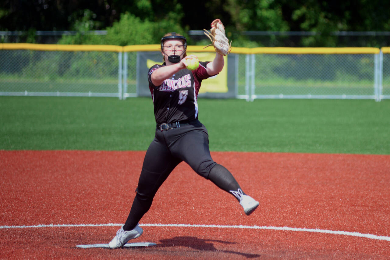 RYAN SPARKS | THE DAILY WORLD Ocosta’s Jessie Gilbert threw a no-hitter to lead the Wildcats to a 1-0 victory over Onalaska in a 2B District 4 Tournament game on Monday in Montesano.