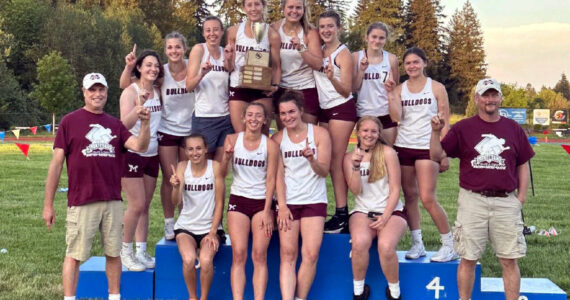 SUBMITTED PHOTO Montesano’s girls track team won the district championship for the third straight season with a victory at the 1A District 4 Championship track and field meet on Thursday at Seton Catholic High School in Vancouver.