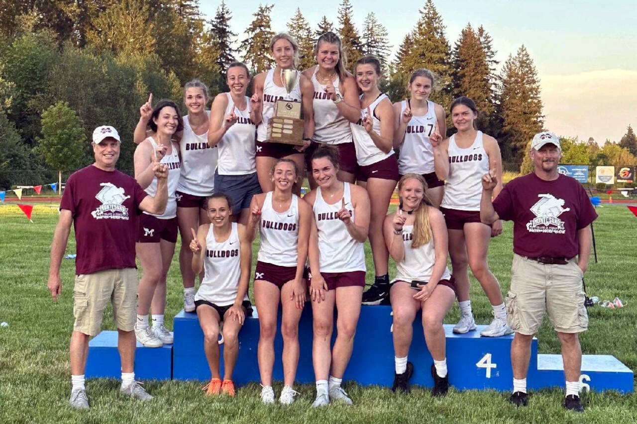 SUBMITTED PHOTO Montesano’s girls track team won the district championship for the third straight season with a victory at the 1A District 4 Championship track and field meet on Thursday at Seton Catholic High School in Vancouver.