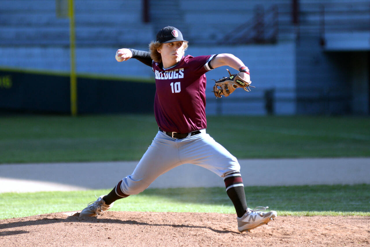 RYAN SPARKS | THE DAILY WORLD Montesano relief pitcher Skylar Bove threw 2 1-3 scoreless innings to earn the save in the Bulldogs’ 5-4 victory over Colville in a 1A State quarterfinal game on Saturday at Olympic Stadium in Hoquiam.
