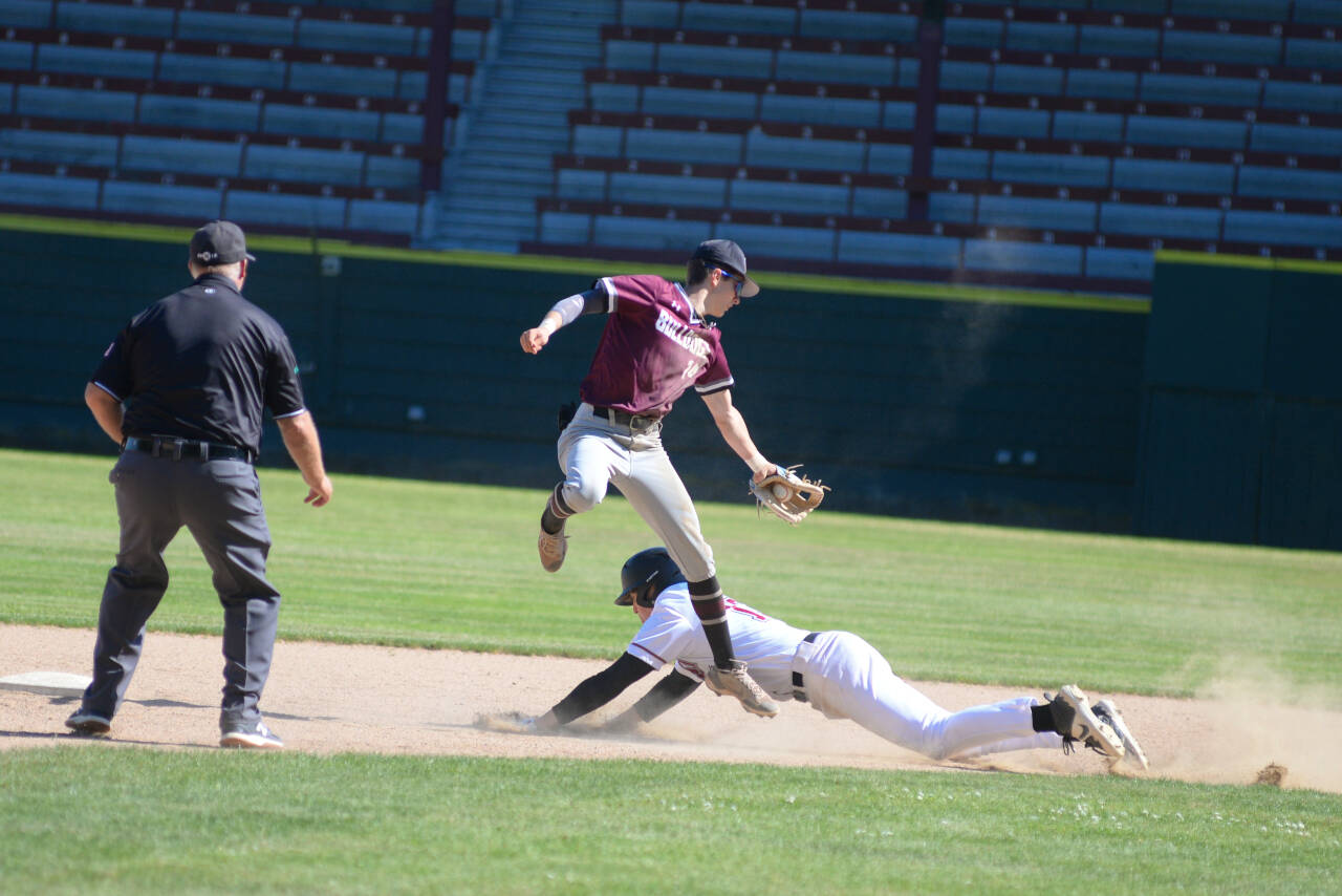 RYAN SPARKS | THE DAILY WORLD Montesano shortstop Bode Poler tags out Colville’s Colbie McEvoy during the Bulldogs’ 5-4 victory over Colville in a 1A State quarterfinal game on Saturday at Olympic Stadium in Hoquiam.