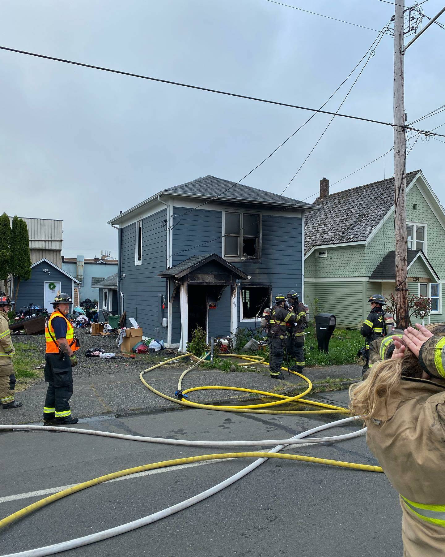 Firefighters from Aberdeen and Hoquiam responded to a fire at a residence in Hoquiam on May 20, rapidly knocking down the fire. (Courtesy photo / Hoquiam Fire Department)