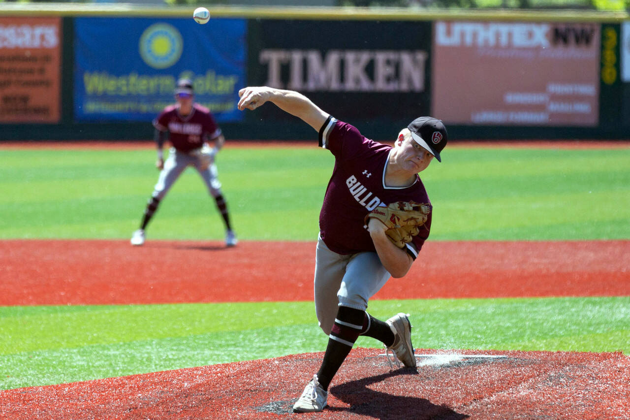 ALEC DIETZ | THE CHRONICLE Montesano’s Camden Taylor releases a pitch against Naches Valley in the 1A State Tournament semifinals at Joe Martin Stadium in Bellingham on Friday.