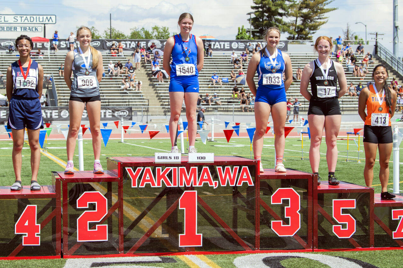 JARED WENZELBURGER | THE CHRONICLE Willapa Valley’s Brooklyn Patrick (1540) won the state championship in 1B 100-meter dash on Saturday in Yakima.