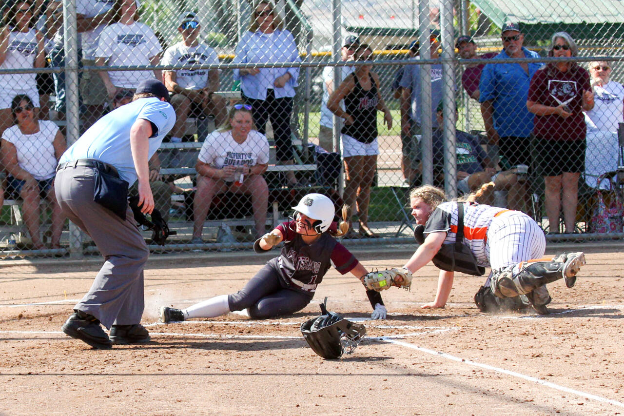 PHOTO BY SHAWN DONNELLY Montesano’s Addi Kersker slides into home plate during the Bulldogs’ 11-0 victory over Blaine in the 1A State Softball Tournament semifinals on Saturday in Richland.