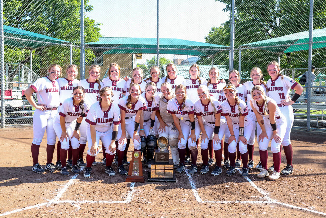 PHOTO BY SHAWN DONNELLY 
The Montesano Bulldogs pose for a team photo after winning the 1A State Softball Championship with an 8-2 win over Royal on Sunday at the Columbia Playfields in Richland.
