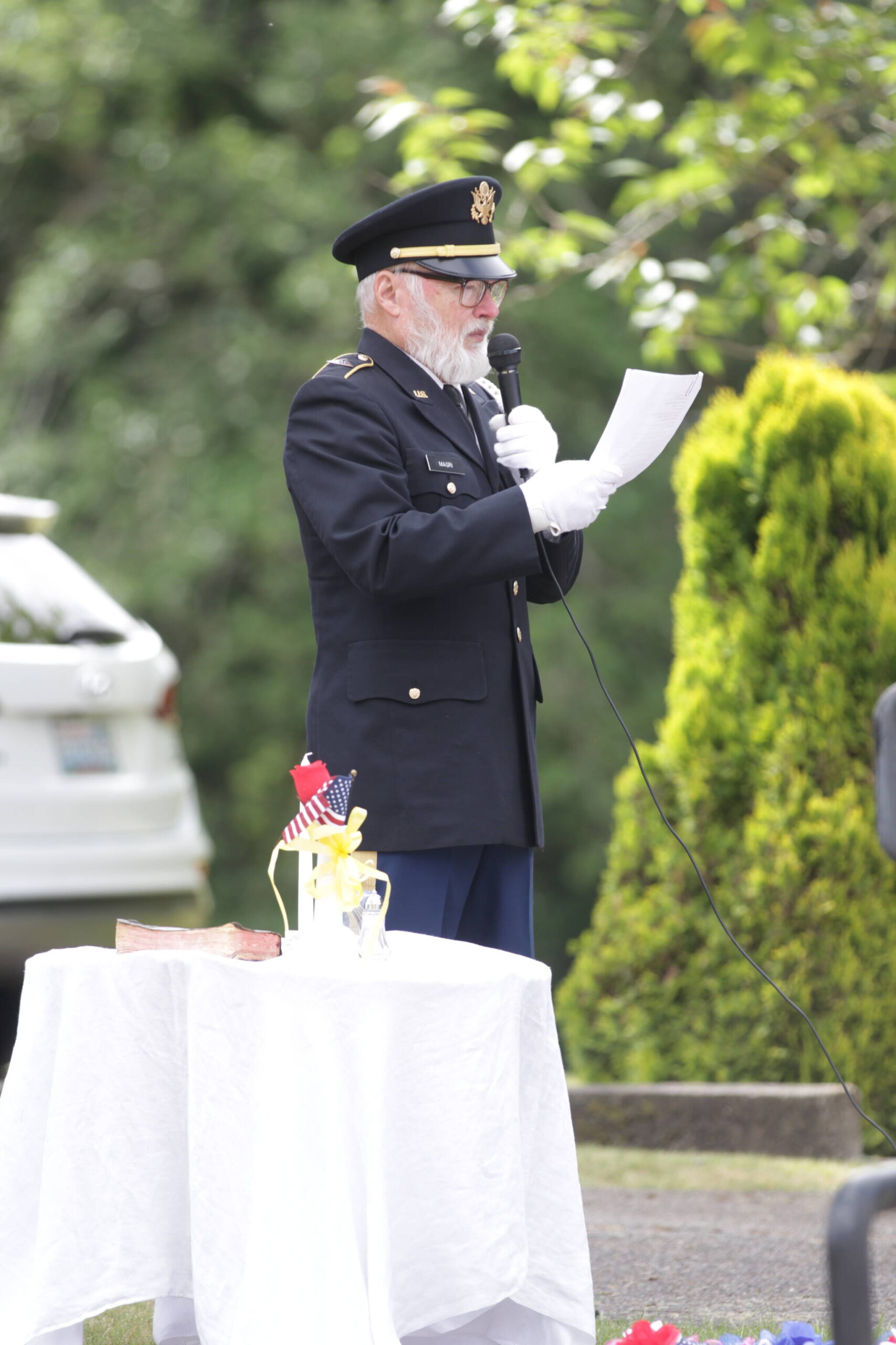 Veterans of Foreign Wars Post 224 post commander Anthony Magri delivers the address of the Missing Man Table during the Memorial Day Ceremony at Fern Hill Cemetery on May 29. (Michael S. Lockett / The Daily World)