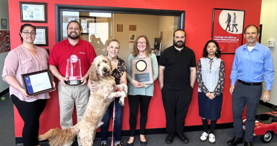 Matthew N. Wells / The Daily World
The award-winning State Farm team, from left: Makayla Solberg, David Steinman, Kimberly Pineda (with Bear, the “office dog”,) Donna Steinman, Brian Lavallee Sr., Karina Rivera-Rojas and Syd Sutton. The team recently won the President’s Club Award and was named to the Chairman Circle, which are two prestigious insurance awards.
