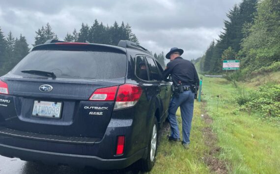 Trooper Austin Bugg makes a traffic stop, one of hundreds conducted over Memorial Day Weekend by the Washington State Patrol. (Courtesy photo / WSP)