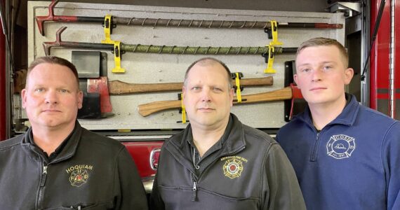 Michael S. Lockett / The Daily World
From left to right, Hoquiam Fire Chief Matt Miller, Aberdeen Fire Chief Dave Golding and Cosmopolis Fire Chief Nick Falley are the chiefs of three departments involved in a failed vote to create a regional fire authority in Central Grays Harbor in April.