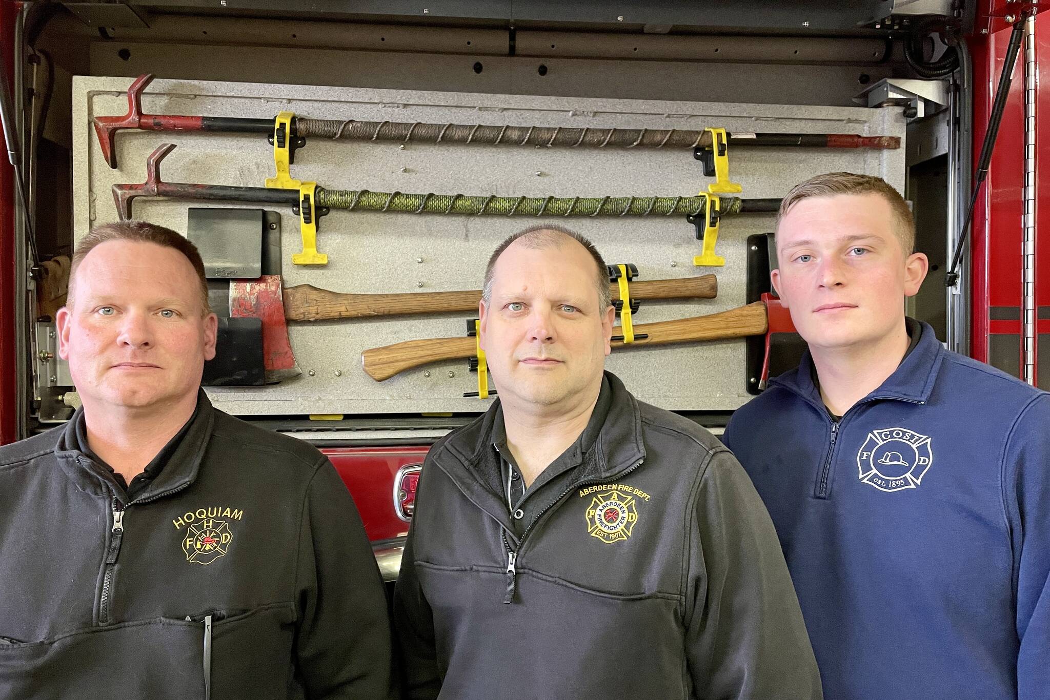 From left to right, Hoquiam Fire Chief Matt Miller, Aberdeen Fire Chief Dave Golding, and Cosmopolis Fire Chief Nick Falley are the chiefs of three departments involved in a failed vote to create a regional fire authority in Central Grays Harbor in April. (Michael S. Lockett / The Daily World)