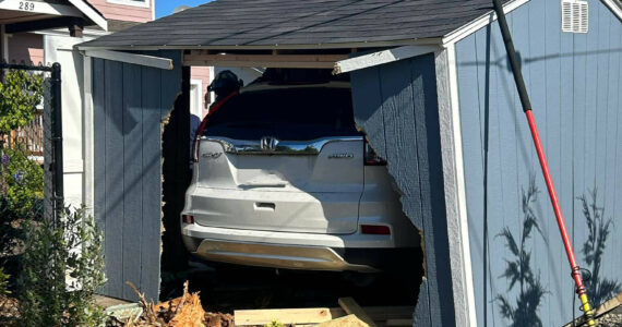 Courtesy photo / Ocean Shores Fire Department
A visitor to Ocean Shores drove through a shed Monday morning after losing consciousness.