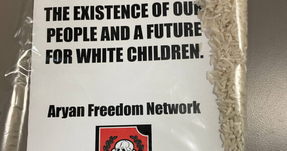 Flyers for a Texas-based neo-Nazi group were left outside of Grays Harbor homes and businesses late Monday or early Tuesday. (Michael S. Lockett / The Daily World)
