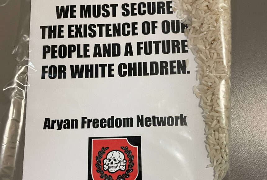 <p>Flyers for a Texas-based neo-Nazi group were left outside of Grays Harbor homes and businesses late Monday or early Tuesday. (Michael S. Lockett / The Daily World)</p>