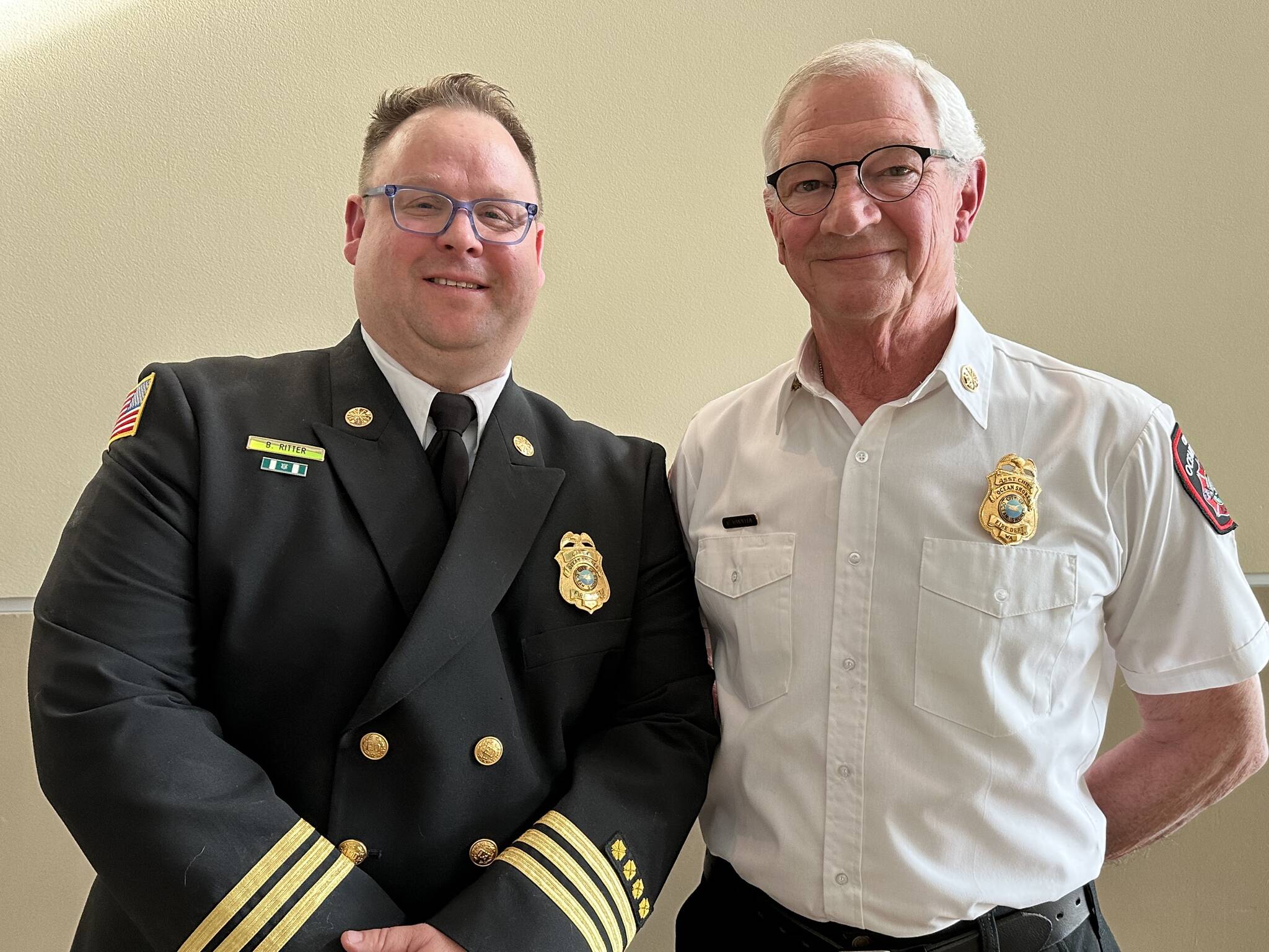 Courtesy photo / OSFD
Ocean Shores Fire Chief Brian Ritter, confirmed during a city council meeting Monday night, poses with Mike Mandella, who came on as the assistant chief.