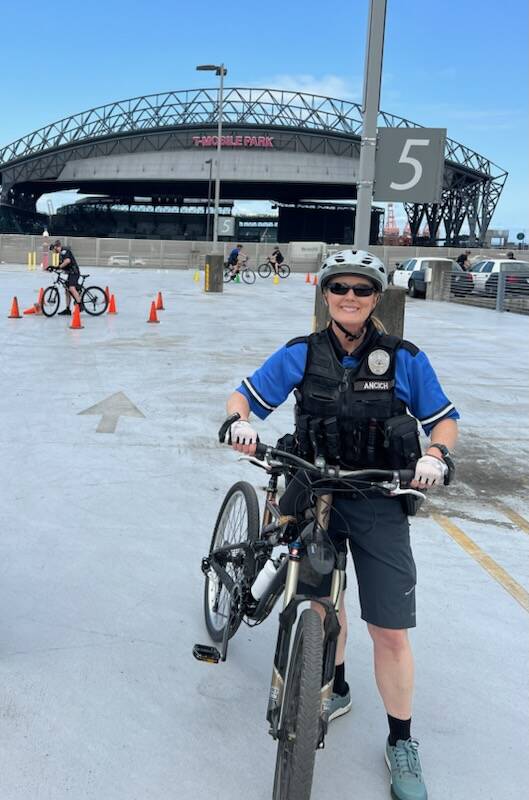 Officer Jamie Ancich of the Westport Police Department poses during bike patrol training in Seattle. (Courtesy photo / WPD)