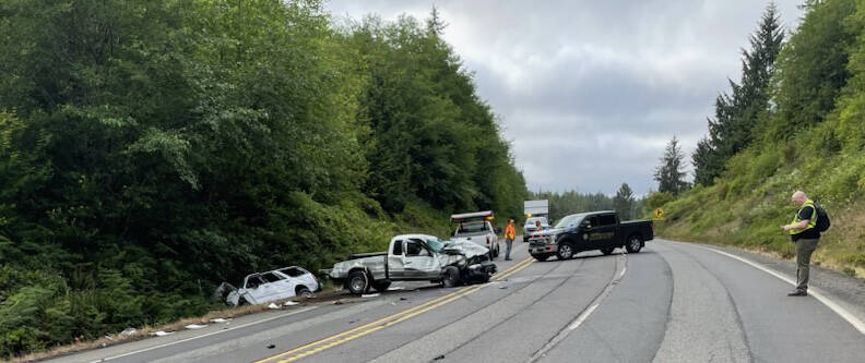 A driver under the influence struck another vehicle carrying three on Tuesday north of Raymond, injuring all four people involved and closing the road for hours. (Courtesy photo / Washington State Patrol)