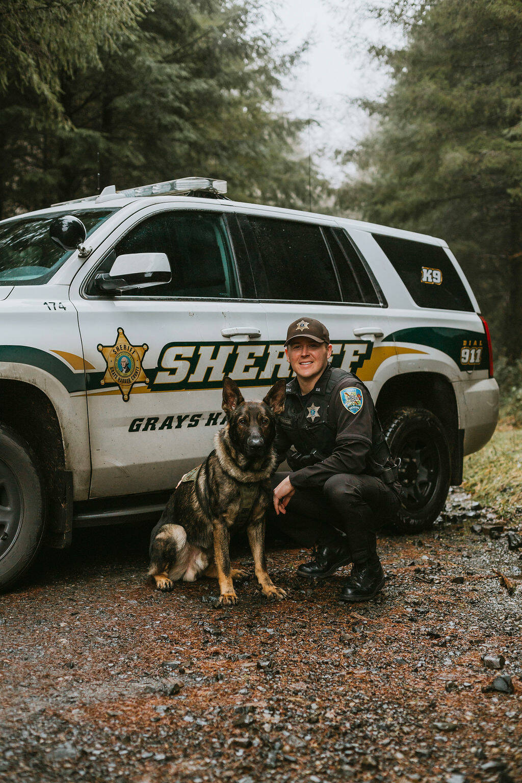 Grays Harbor County Sheriff’s Deputy Sean McKechnie and working dog Titus tracked a suspect through nearly 500 yards of brush following a road rage incident involving a gun on Thursday. (Courtesy photo / GHCSO)