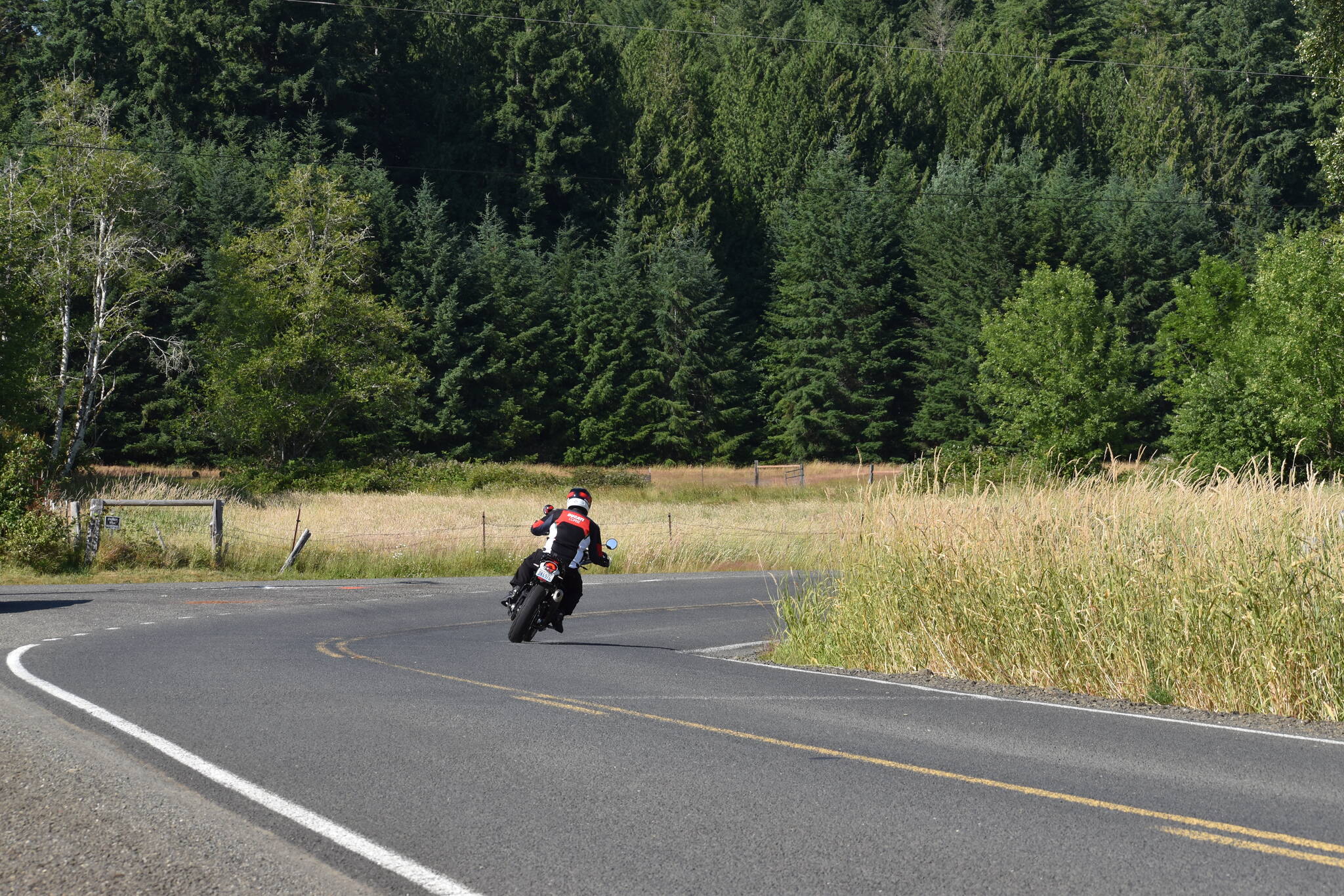 Clayton Franke / The Daily World
A motorcyclist makes a sharp right turn toward Oakville on Garrard Creek Road in southeast Grays Harbor County. Following construction, the road will continue straight, through the sheep pasture, before a more gradual hook to the right.