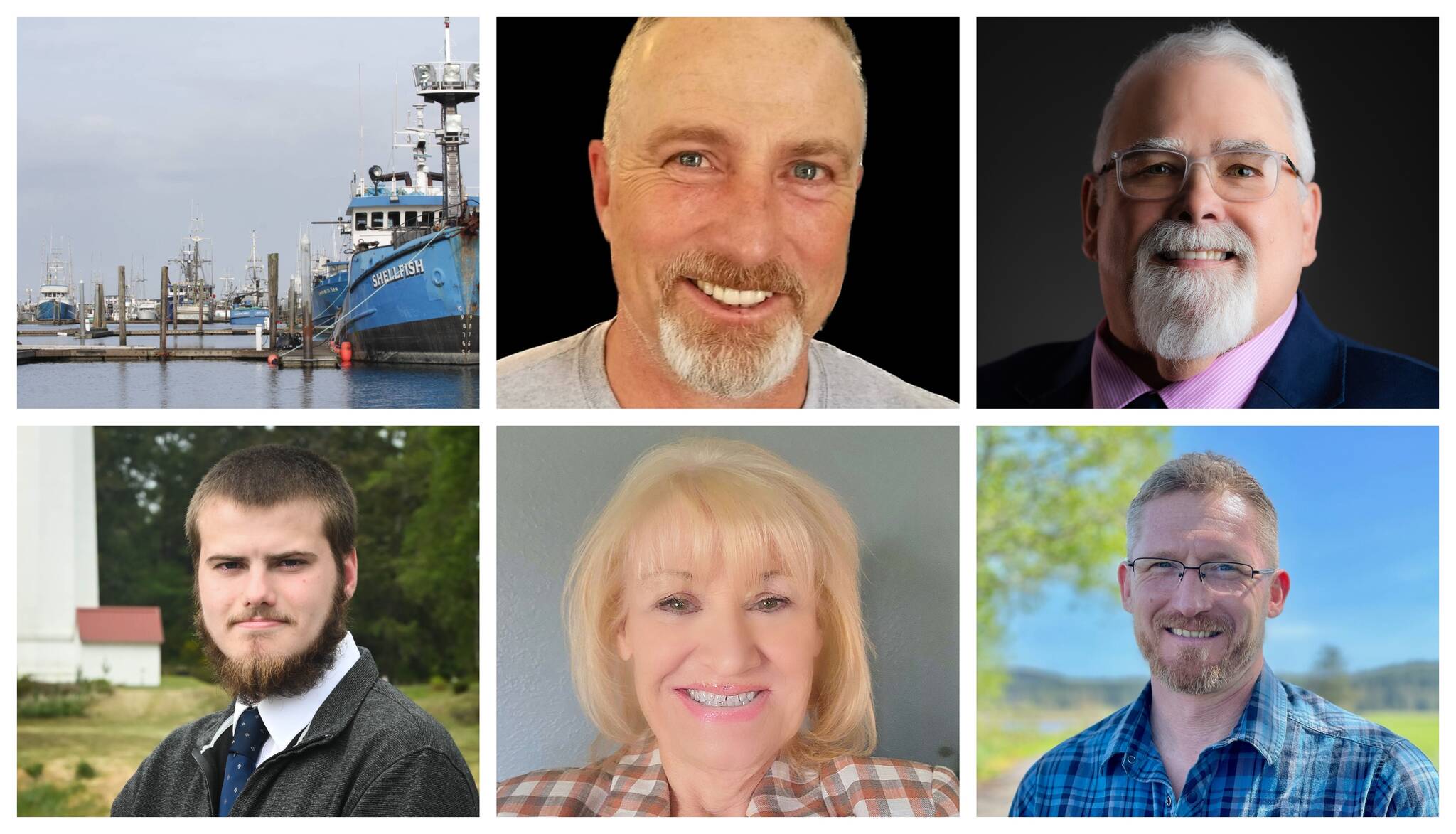 Westport has five candidates registered in the primaries for the mayor’s seat in 2023. They are, pictured at top left going clockwise, Greg Barnes, Michael Bruce, Edward Welter, Rose Jensen and Brennan Jarnes. (Michael S. Lockett / The Daily World)