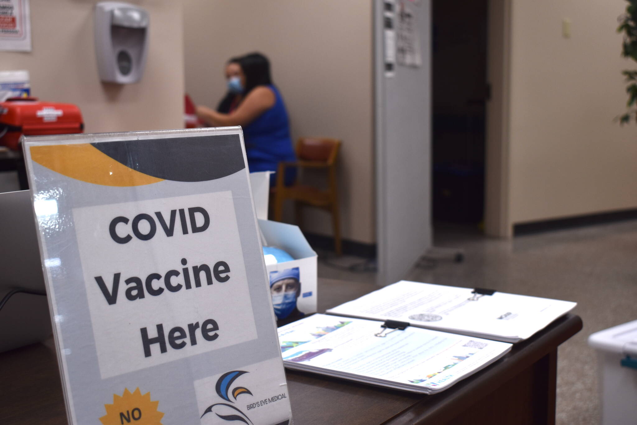 A childhood vaccine clinic operates at the Swanson's grocery store in south Aberdeen on July 28. More vaccines will be available at no cost at the Aberdeen Sunday Market on Aug. 13. (Clayton Franke / The Daily World)