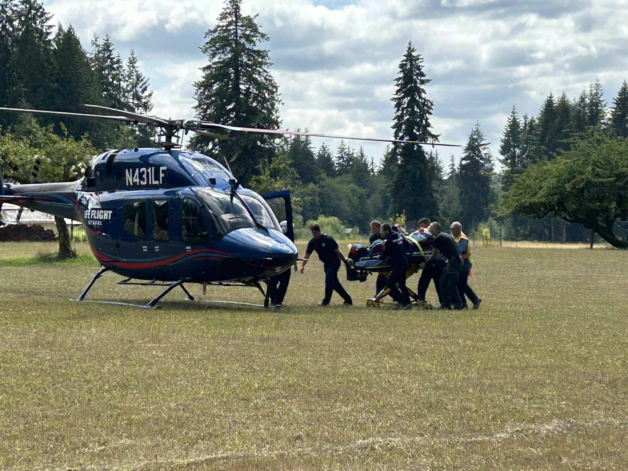 Grays Harbor Fire District 10 and Aberdeen Fire Department personnel responded to a motorcycle crash involving multiple victims on Saturday afternoon, requiring one to be medevac’d for critical injuries by Life Flight Network. (Courtesy photo / The Daily World)