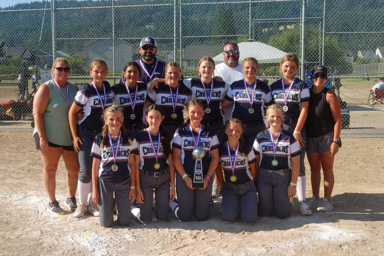 SUBMITTED PHOTO The Grays Harbor Crushers 12U team placed second at the NAFA Summer Nationals on Sunday in Newberg, Oregon. Pictured are (front row, from left): Ashlyn Lytle, Eastyn Siano, Harper Lowery, Annika Gaddis, Piper Brule. Middle row: Assistant coach Natalie Mills, Makaya Donais, Klementine Servellon, Madisyn Baker, Addisynn Williamsen, Brooklynn Brown, Jordyn Mills, assistant coach Lisa Baker. Back row: coaches Adam Williamsen and Brandon Siano.