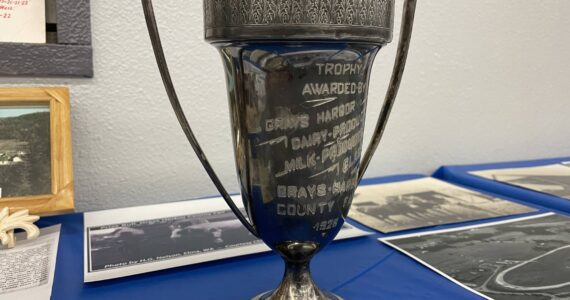 Michael S. Lockett / The Daily World
A 1928 trophy was one of a wealth of historical material collected over the years telling the story of the Grays Harbor County Fair that was on display at the History and Heritage stand hosted by the Chehalis Valley Historical Society.