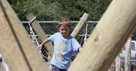 Cub Scout Jaxon Astry crosses a monkey bridge set up by the Scouts during the Grays Harbor County Fair. (Michael S. Lockett / The Daily World)