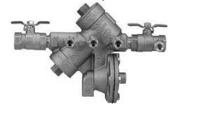 A reduced-pressure backflow assembly device, which prevents contamination from extraneous connections to public water systems. (City of Ocean Shores)