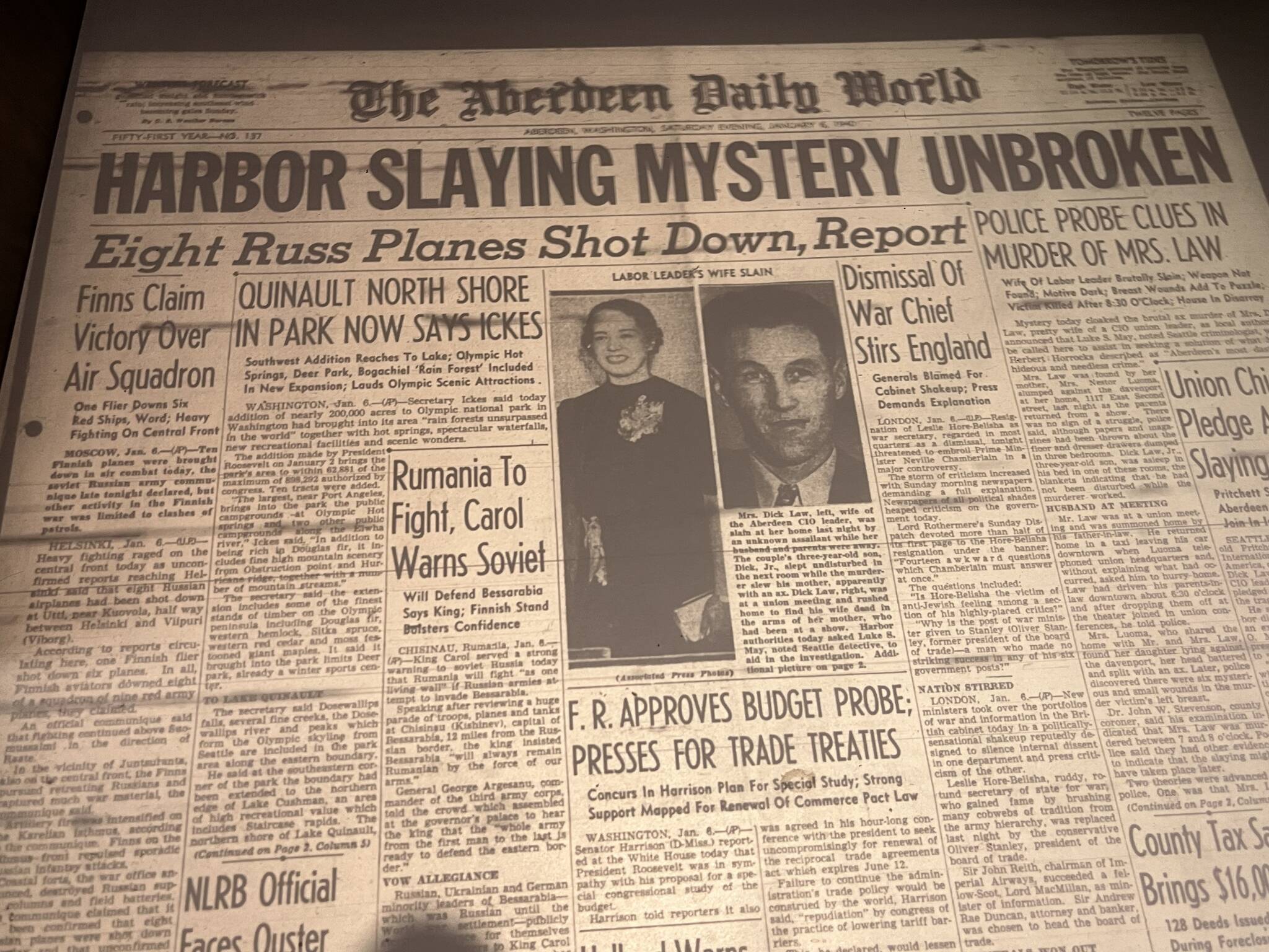 Matthew N. Wells / The Daily World
Microfilm showing the front page headline from Jan. 6, 1940, provides the headline “Harbor Slaying Mystery Unbroken,” which is in reference to the breaking news story about the Jan. 5, 1940 murder of Lea Laura Law. The case is still unsolved. Phil “Fill” Slep spoke respectfully about Law’s place in Aberdeen history recently. Fill, as he’s known, conducts tours of Aberdeen, including the Nirvana Talk, Walk and Ride tours. On Tuesday at 6 p.m., he and others from Downtown Aberdeen Association will host a meeting at the D&R Event Center for the public to share their input for a spooky Oct. 21 event called “Billy’s Back: Walk of the Undead.”