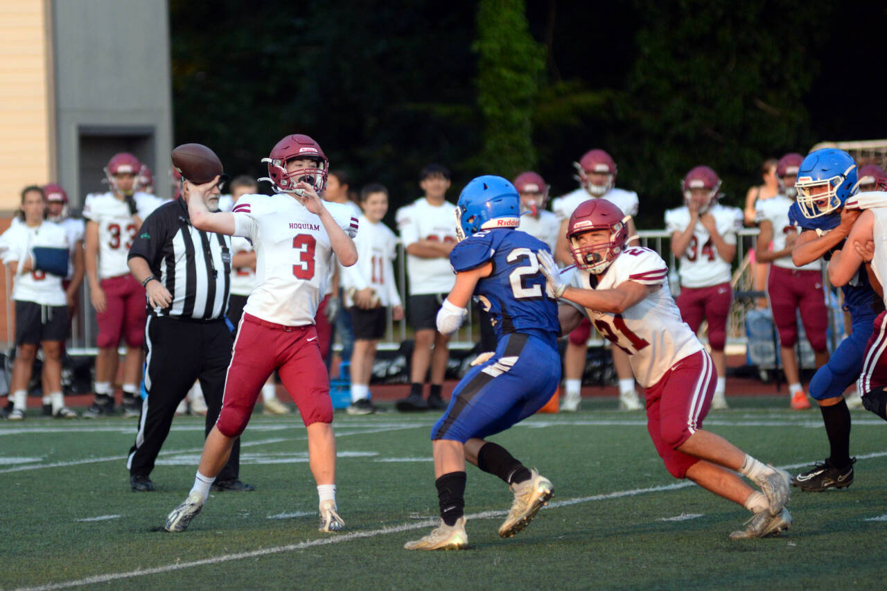 RYAN SPARKS | THE DAILY WORLD Hoquiam quarterback Joey Bozich (3) throws a pass against Elma during the 15th Annual Montesano Jamboree on Friday at Jack Rottle Field.
