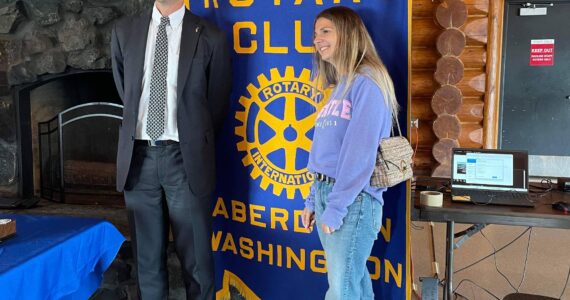 Provided photo
Zoé Roux, an international exchange student through Aberdeen Rotary Club, recently visited Grays Harbor. She lived here during the 2015-16 academic year. Roux — seen at the Rotary Log Pavilion with Josh Steele, right, who oversees the program —was not only a student, but she was on the swim team and immersed herself into the culture. Roux called her school year here as the best time of her life.