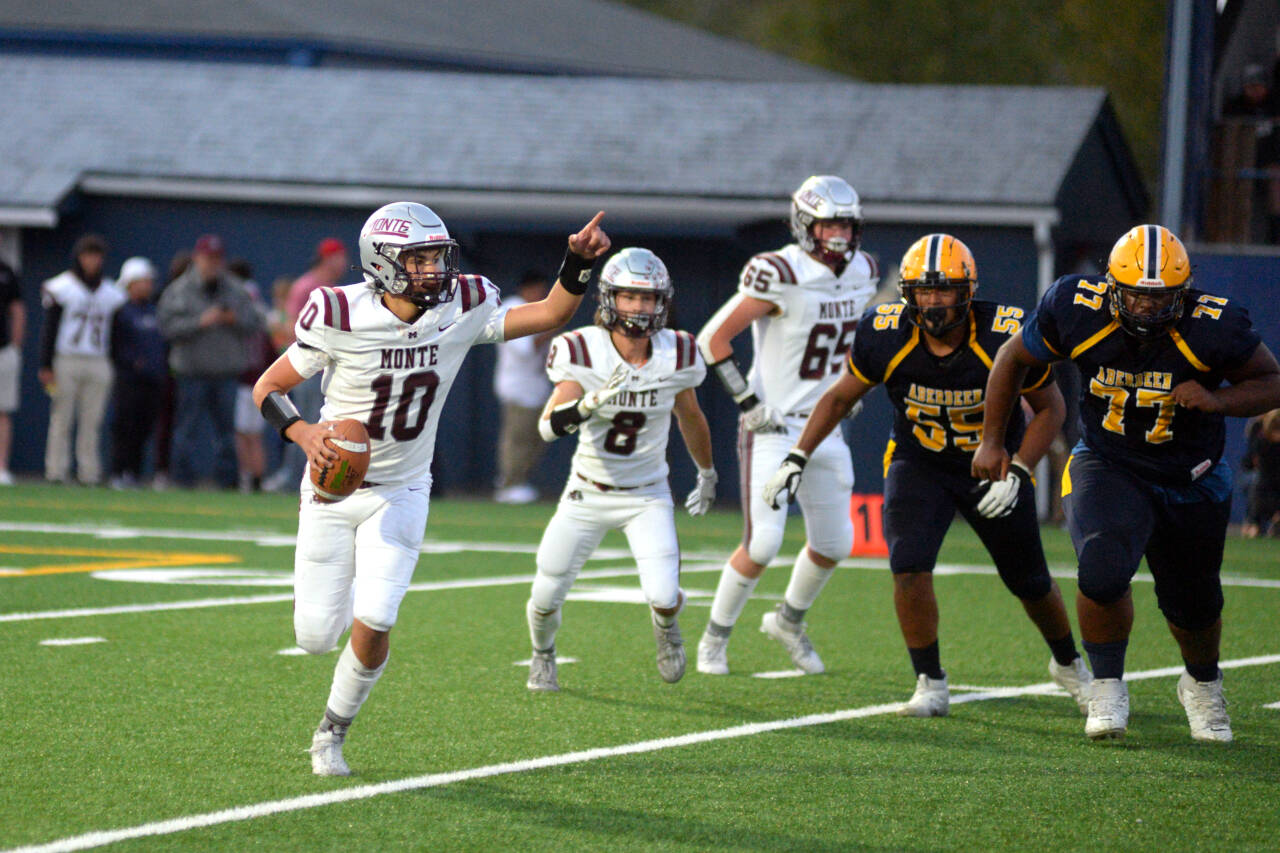 RYAN SPARKS | THE DAILY WORLD Montesano quarterback Jaxson Wilson directs traffic during a 38-7 win over Aberdeen on Friday at Stewart Field in Aberdeen. Wilson passed for 249 yards and two touchdowns in the victory.