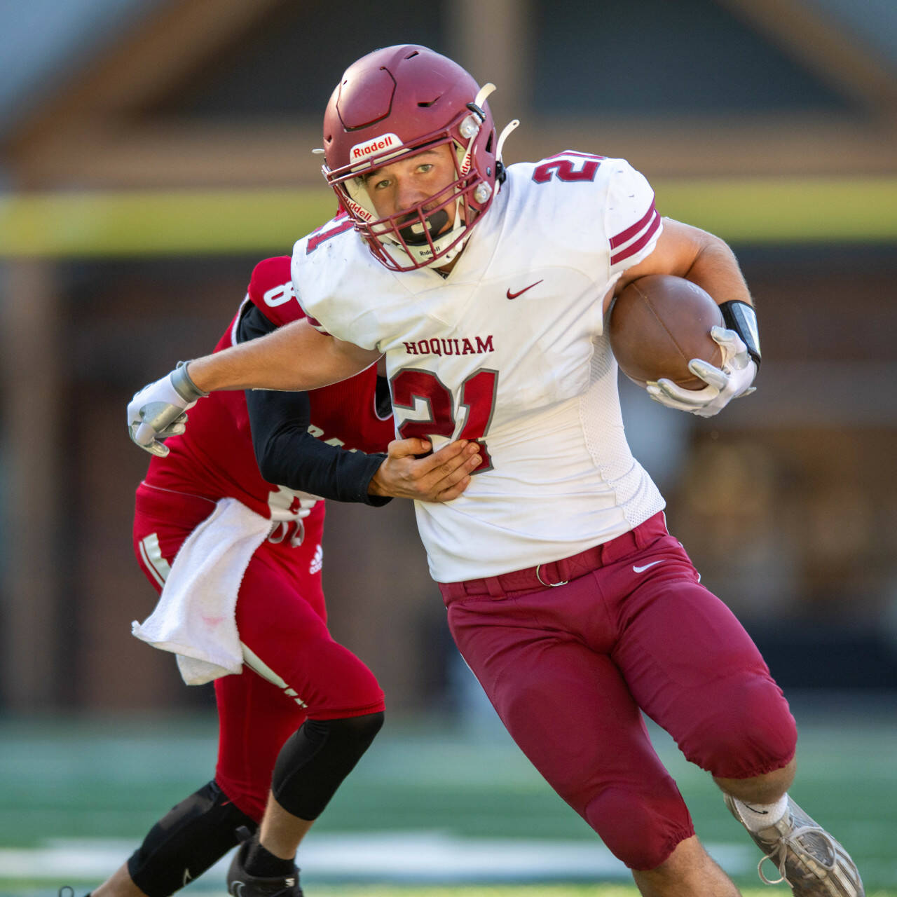 PHOTO BY FOREST WORGUM Hoquiam running back Dominic Standstipher (21) rushed for over 100 yards and a touchdown in a 50-20 victory over Fort Vancouver on Friday in Vancouver.