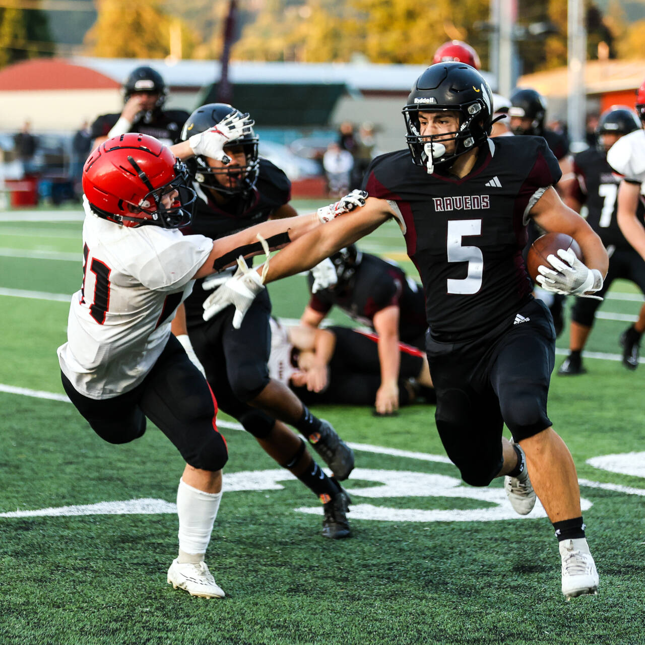 LARRY BALE | THE DAILY WORLD Raymond-South Bend running back Ferrill Johnson (5) rushed for 169 yards in a victory over Wahkiakum on Friday at South Bend High School.