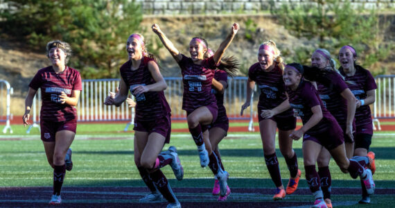 PHOTO BY FOREST WORGUM
The Montesano girls soccer team celebrates after defeating Seattle Academy 2-1 (4-2 on penalty kicks) in a non-league game on Saturday at Jack Rottle Field in Montesano.