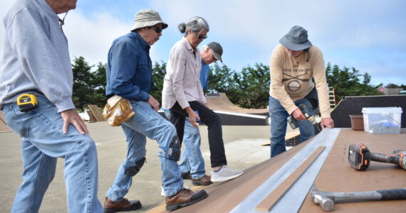 Clayton Franke / The Daily World
From left: Jim Golden, Bob Rhoades, Sylvia Schroll, Ed Schroll and Richard Wills work to construct new ramps at the Ocean Shores Skatepark on Friday, Sept. 7.