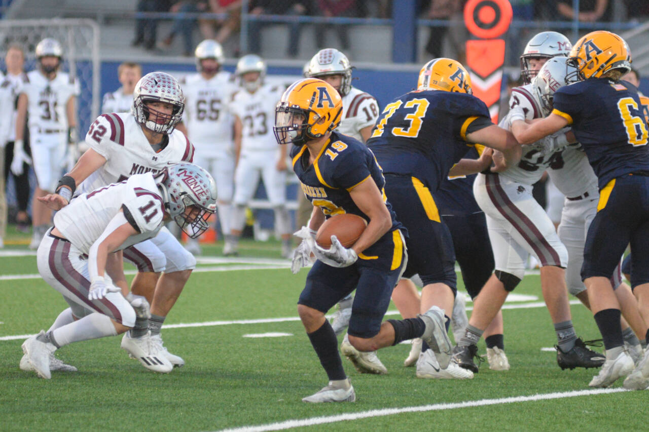 DAILY WORLD FILE PHOTO 
Aberdeen running back Aidan Watkins (19), seen here on Sept. 8 against Montesano, and his teammates will renew their rivalry against Centralia in a 2A Evergreen Conference game on Friday at Tiger Stadium in Centralia.