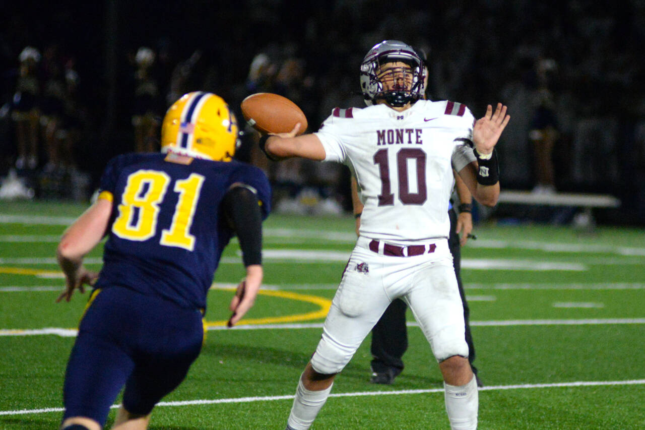 DAILY WORLD FILE PHOTO 
Montesano quarterback Jaxson Wilson (10), seen here against Aberdeen on Sept. 8, and the Bulldogs will look to go 3-0 when they face Columbia (White Salmon) on Friday.