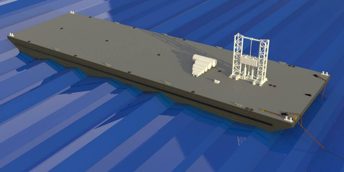 Courtesy photo / Applied Ocean Energy
A rendering of the 180-foot barge that, in a proposed demonstration project by Applied Ocean Energy, would host hydrogen energy producing equipment five miles from the shore of Westport.
