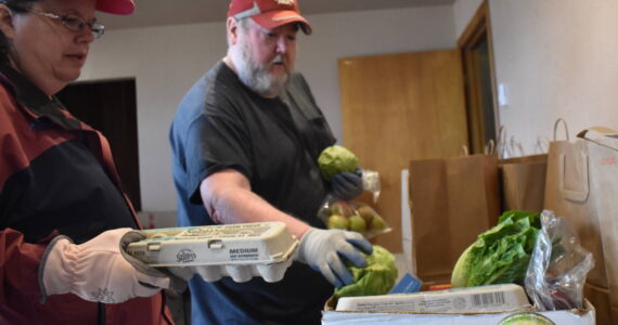 Clayton Franke / The Daily World
Volunteers Joelle Buckman, left, and Oscar Bramstedt prepare meal boxes at the Aberdeen Food Bank, located at 2120 Commerce St., on Tuesday, Sept. 19.