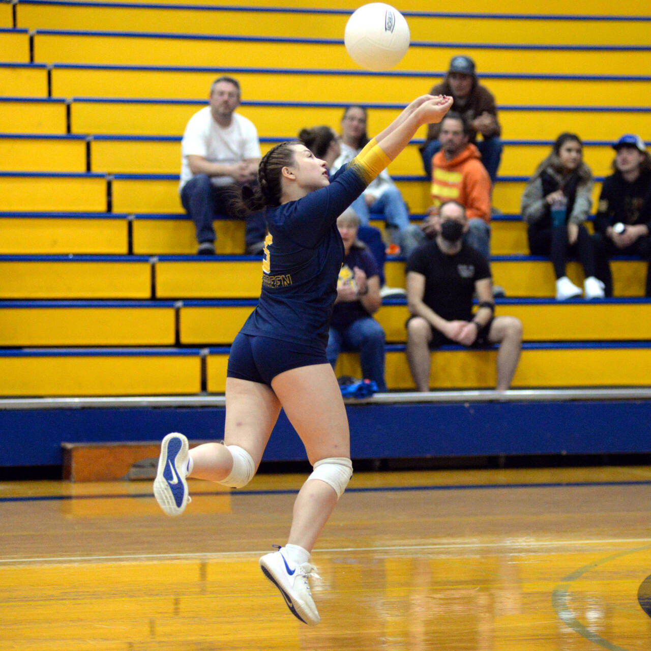 RYAN SPARKS | THE DAILY WORLD Aberdeen senior setter Cameryn Micheau leaps to make a pass during a 3-0 victory over Rochester on Thursday at Aberdeen High School.