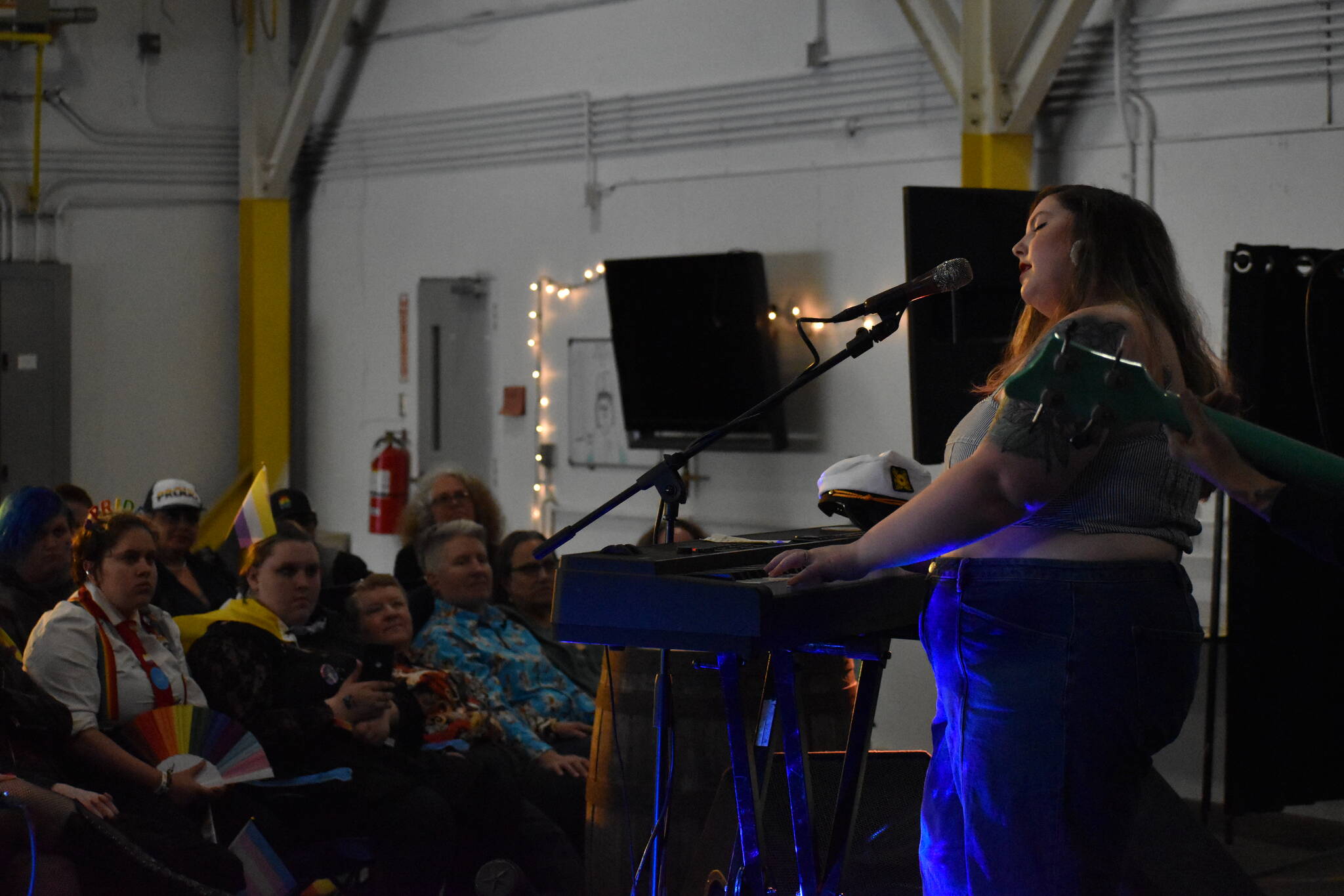 Two-time Grammy nominee Mary Lambert, right, performs during the 2023 Grays Harbor Pride Festival at the Historical Seaport in Aberdeen on Sept. 23. (Clayton Franke / The Daily World)
