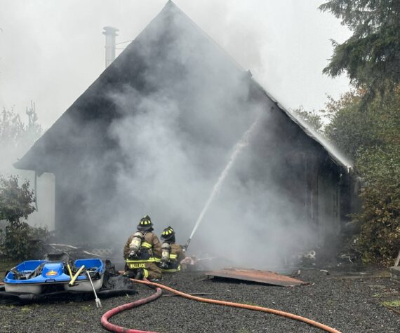<p>Courtesy photo / OSFD</p>
                                <p>Ocean Shores firefighters attack a house fire on Monday afternoon.</p>