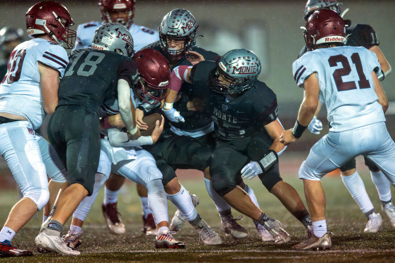 PHOTO BY FOREST WORGUM 
The Montesano defense, seen here in a file photo from Oct. 13, has been dominant this season as the Bulldogs head to Tenino to take on the Beavers on Friday.
