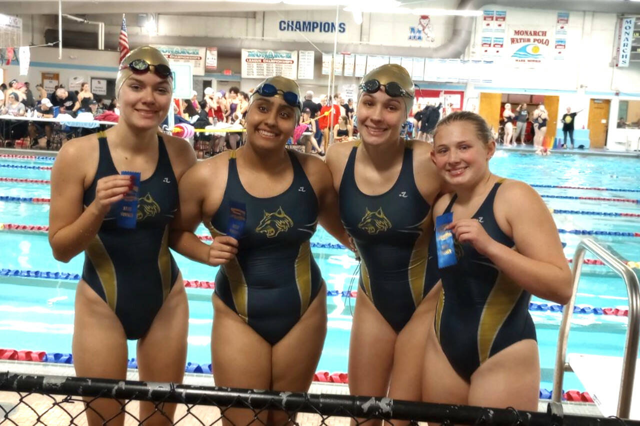 SUBMITTED PHOTO The Aberdeen Bobcats 200 freestyle relay team of (from left) Keara Burns, Harnoor Jandu, Mija Hood and Ava Benn placed sixth overall at the Southwest Washington Girls Swimming Invitational on Saturday at Mark Morris High School in Longview.
