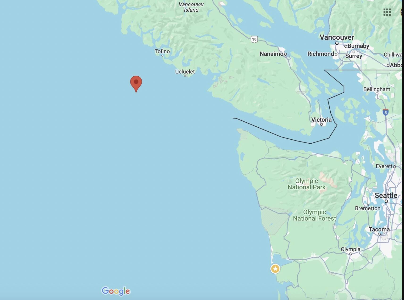 (U.S. Coast Guard Pacific Northwest) A red pin marks the rough location of where the missing fisherman was found alive in a life raft the morning of Oct. 26, two weeks after leaving Westport in the fishing vessel Evening.